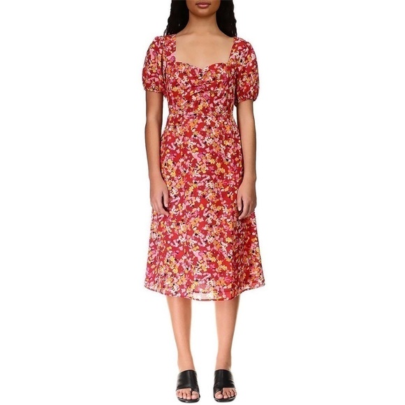 Sanctuary Women's Floral Puff Sleeve Midi Dress Red, Sunset Bloom size 2 - Picture 1 of 8